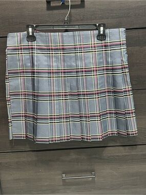 No Boundaries Gray Plaid Pleated Mini Skirt with Pink & Yellow Stripes